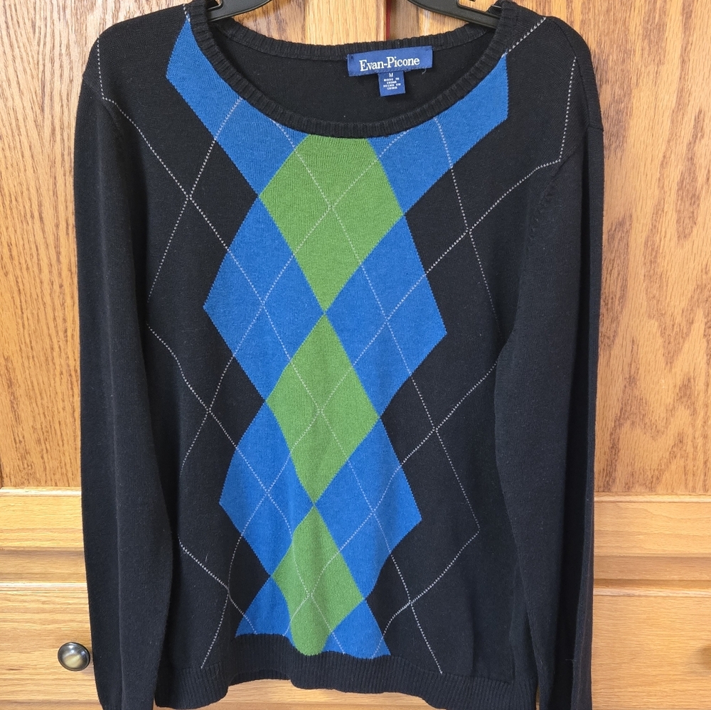Evan Picone Womens Size Medium Navy/blue/green Argyle Color-block Sweater Preppy